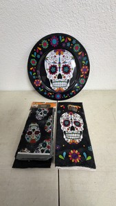 Da de los Muertos (Day of the Dead) Sugar Skull Lot - a 13 Party Tray, 2-Pack of Bandanas & 1 Kitchen Towel