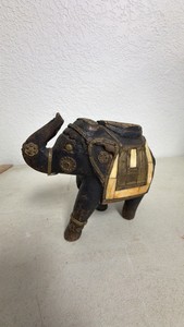 Hand-Carved Wooden Elephant w Brass Accents & Bovine Bone Inlay