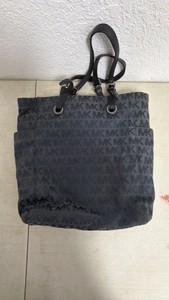Gray Michael Kors Monogram Tote Canvas Shoulder Bag w Tonal MK Logo Pattern & Dark Leather Handles