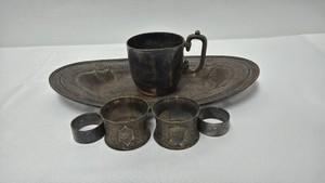 Lot of Silver-Plated Dinnerware - Platter, Childs Cup & 2 Napkin Ring Sets