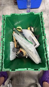 Lot of Miscellaneous Items in Green Storage Tote