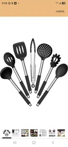 E-far 7-Piece Black Silicone Cooking Utensils Set w Stainless Steel Handles.
